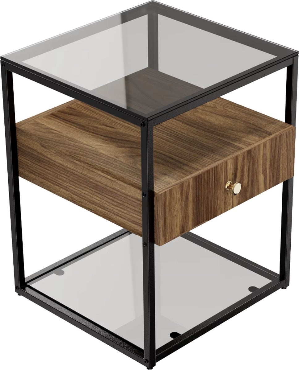 J&R Nachtkastje met lade en stalen frame, zwart en bruin met gehard glas en hout