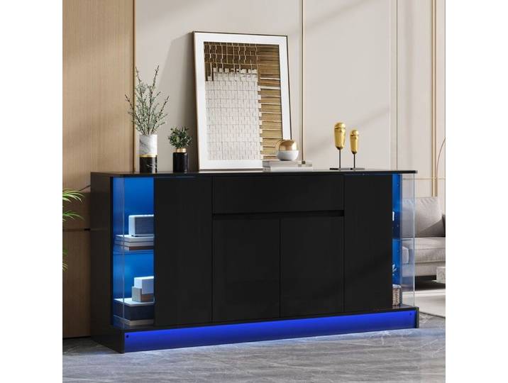 Buffet noir brillant - BLACKCOLOR - 150x40x75 cm - Panneaux de particules - 1 tiroir central - 2 portes battantes