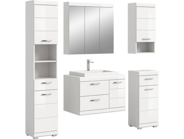 Badmöbel-Set WELLTIME SIENA, 5-teilig, Waschtisch, Spiegel-, Hänge-, Unter- & Hochschrank , weiss (weiß, weiß hochglanz), B:184cm H:191cm T:50cm, Holzwerkstoff, MDF, Spiegelglas, Kastenmöbel-Sets, Badmöbel-Set, Badmöbel, Kombination, Badezimmer, Badset, Möbel-Set, Set