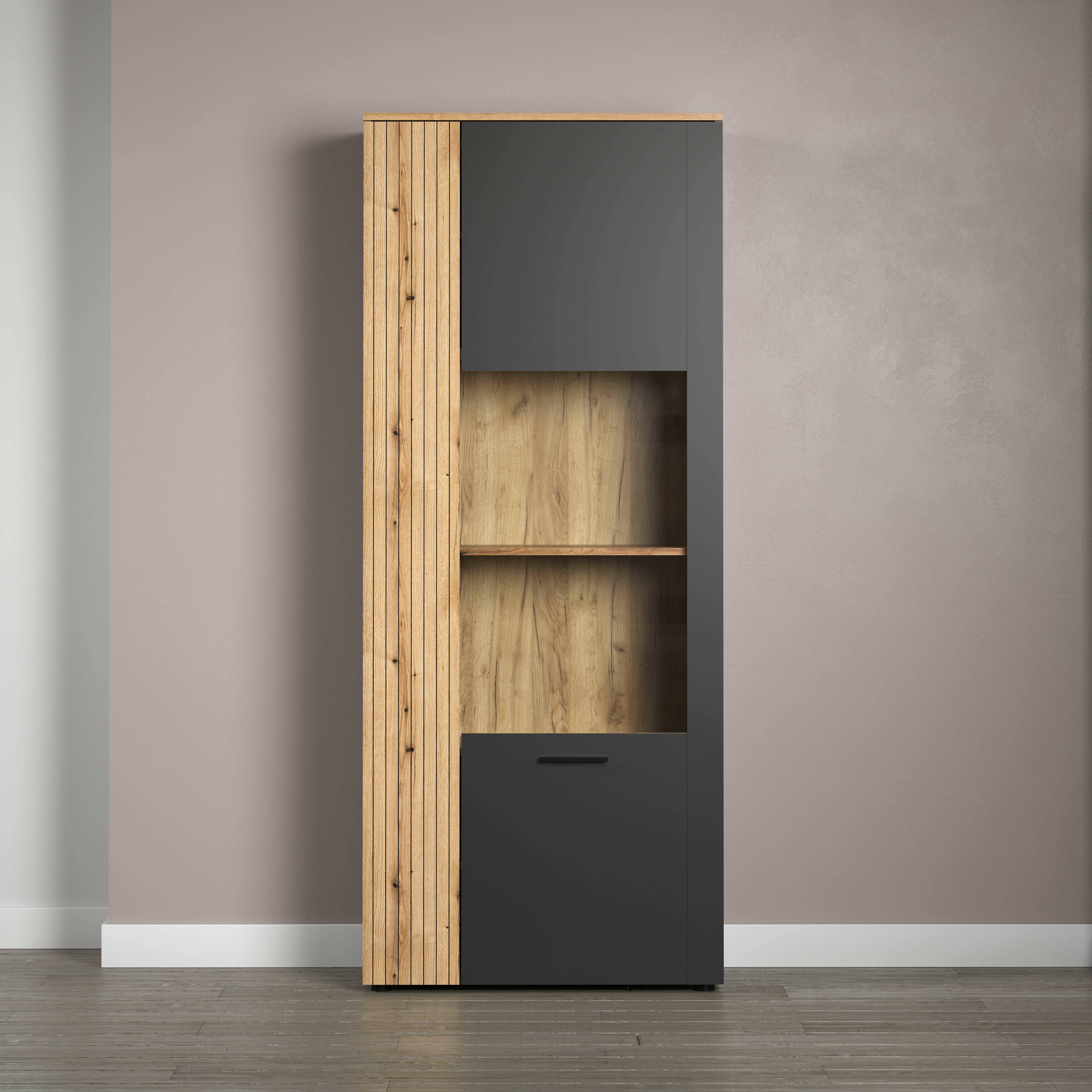 Standvitrine HOME AFFAIRE "Estepona", schwarz (anthrazit und eichefarben), B:80cm H:195cm T:42cm, FSC-zertifizierter Holzwerkstoff, Glas, Kunststoff, Schränke, Standvitrine, Standvitrine mit 2 Türen - (B/T/H) 80/42/195 cm anthrazit und eichefarben Anthraz