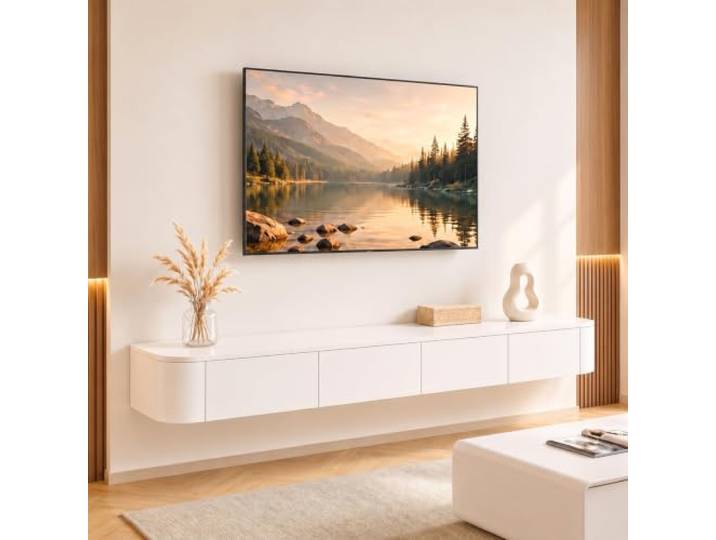 Ribanedy Modernes Schwebendes TV-Regal Wandmontierte Unterhaltungsmedien-Konsole Großes Aufbewahrungs-TV-Bank für Wohnzimmer & Büro (Weiß, 300cm)
