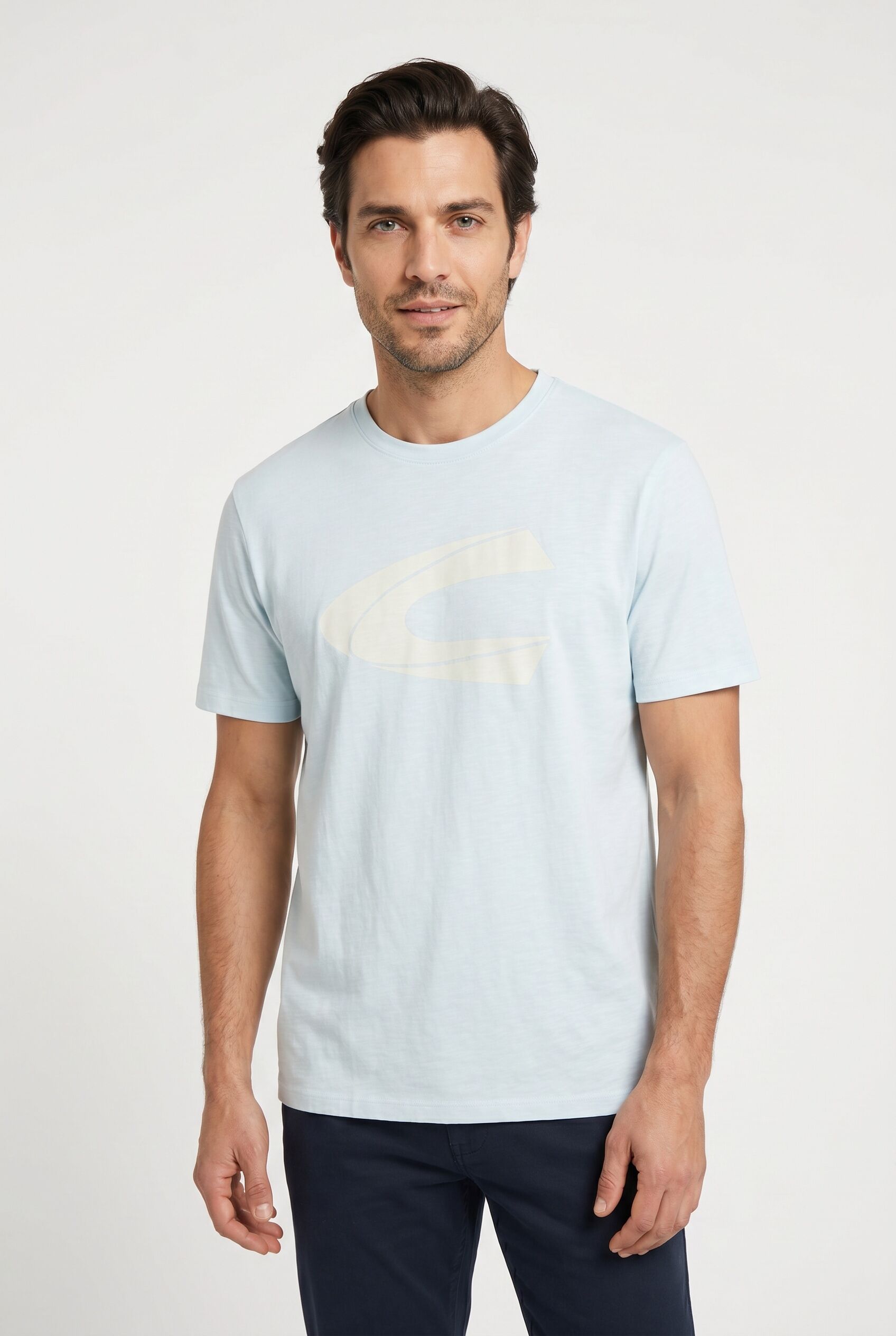 Rundhalsshirt CAMEL ACTIVE, Herren, Gr. XL, blau (airy blau), Jersey, Obermaterial: 100% Baumwolle, bedruckt, regular fit hüftbedeckend, Rundhals, abgesteppte Kante, Shirts Rundhalsshirt, Sommershirt mit Frontprint airy blau XL