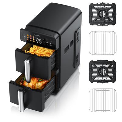 Arendo Heißluftfritteuse mit 2 Kammern Übereinander, XXL Doppelkammer Airfryer 11L, Dual Zone, 2400 W, mit Zubehör, Umluft Backofen, Edelstahl