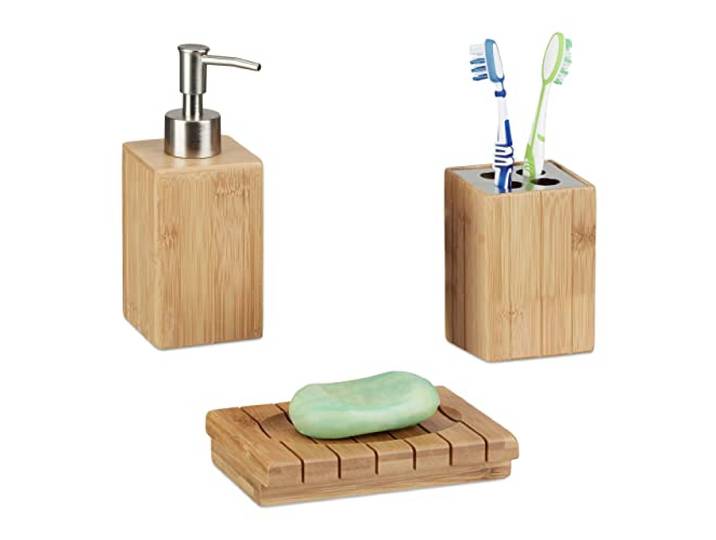 Relaxdays Accessoires Salle de Bain Bambou Set 3 pièces Distributeur Savon gobelet Brosse à dent Porte-Savon\, Nature