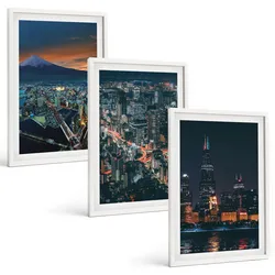 BILDER SET 3er Set - 40x60 cm Weißer Rahmen - Bergpanorama der Stadt bei Nacht