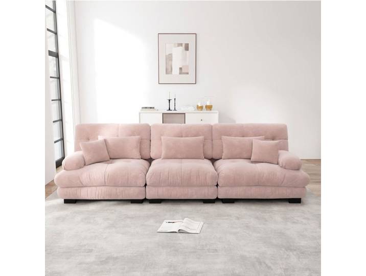 Canapé d'angle modulaire 3 places en chenille rose à assise profonde