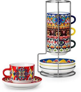 vancasso LUMI 4-Piece Porcelain Stackable Cup and Saucer Set with Metal Rack