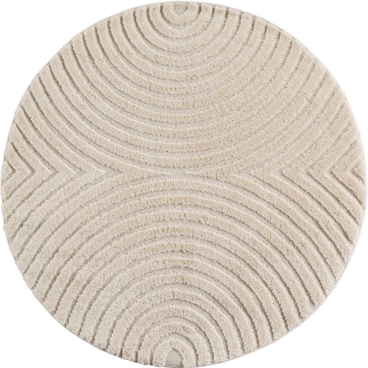 Art Vloerkleed Rond – Japandi – Boogpatroon – Modern & Laagpolig – Creme/Beige – Diameter: 160 cm