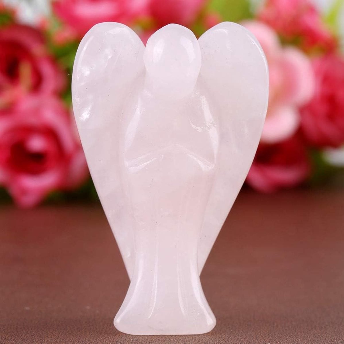 Handgesneden Rozenkwarts Engel Beeldje - Roze Kristallen Decoratie - B/D/H: 10 x 5 x 2 cm