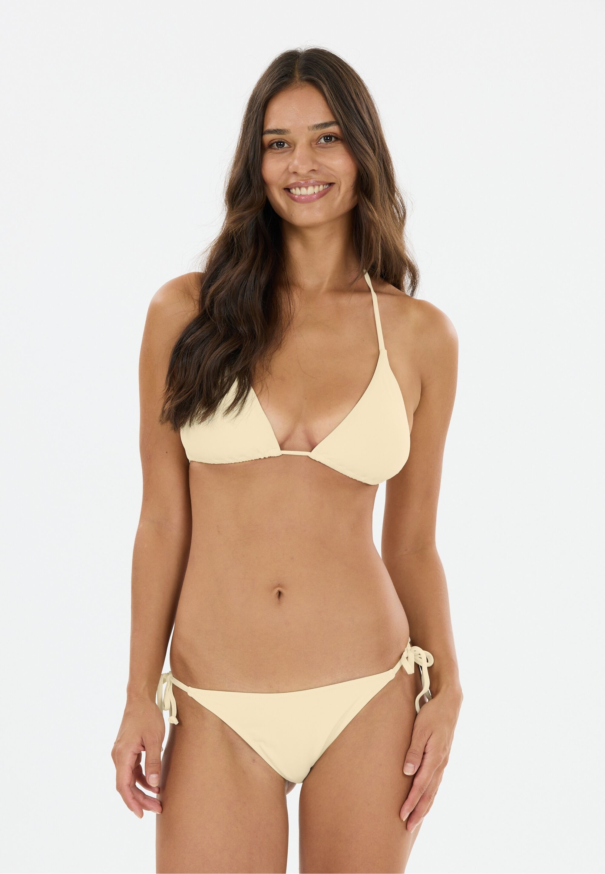 Triangel-Bikini-Top ATHLECIA "Sherrill", Damen, Gr. 38, beige (hellgelb), 85% Polyamid, 15% Elasthan, unifarben, Bikini-Oberteile, im stilvoll gebundenen Triangle-Style
