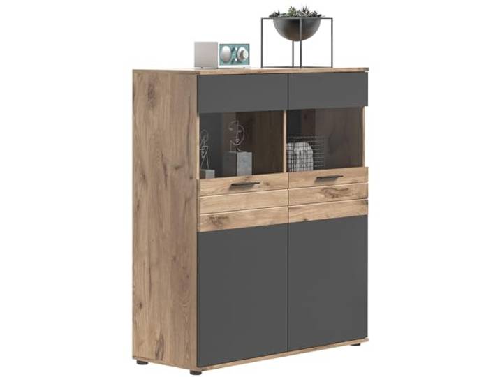 Newroom Vitrinenschrank Eiche Basalt Grau Glasvitrine LED Wohnzimmer