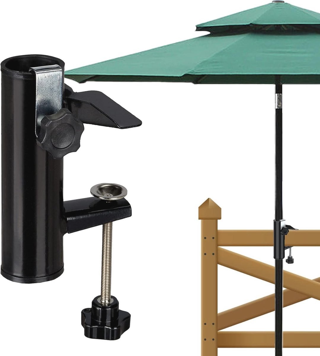 Parasolhouder met klem voor balkon en terras, zwart en meerkleurig, metalen montage