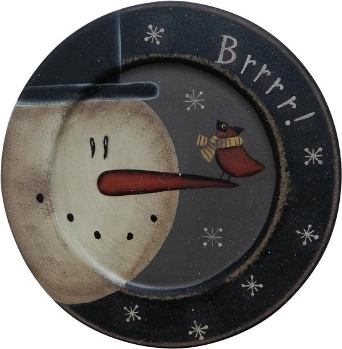 Decoratieve ronde houten plaat met winterse sneeuwpop en vogel