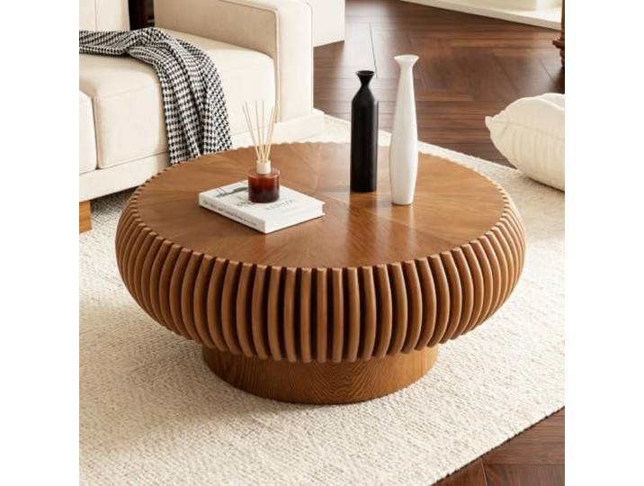 Wxnnx 80 cm Runder Couchtisch Braun Geriffeltes Trommel-Design im Mid-Century-Stil - Wohnzimmertisch, Kaffeetisch für Wohnzimmer, Wohnung, kleine Räume