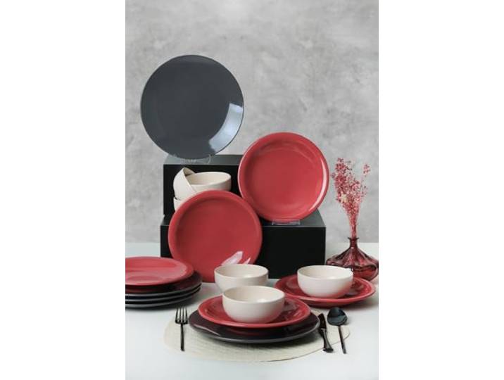 Elegantes 18-teiliges Keramik-Essgeschirr-Set, Schwarz/Rot/Weiß 100% Steinzeug, antibakteriell, leicht zu reinigen, temperaturbeständig Spülmaschinen- und mikrowellengeeignet