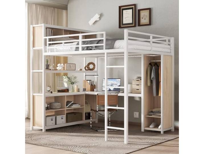 Merax Eisenhochbett Metallbett Hochbett mit Schreibtisch 140x200 cm mit Stauraum, Oberes Bett mit Schrank & Schreibtisch, Doppelstöckiger Stauraum unter Tisch, Metallbett Weiß,ohne Matratze