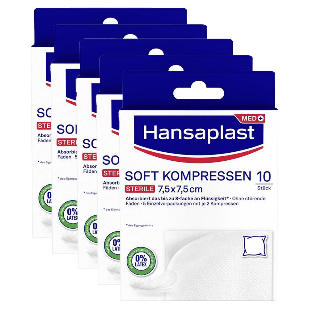 Hansaplast Soft Kompressen 7,5x7,5 cm steril 5x 5x5x2 St Pflaster