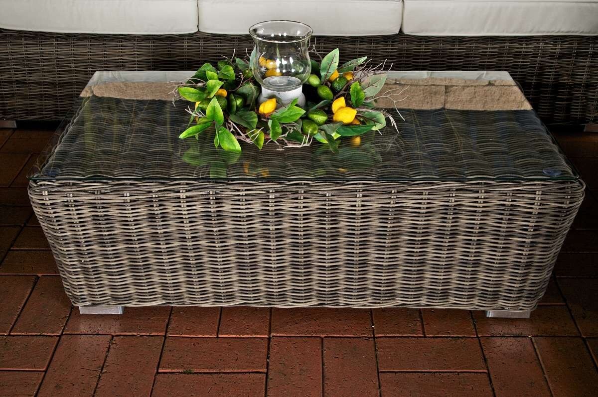 Glastisch deluxe - Gartentisch Rattangeflecht - Couchtisch - 100cm