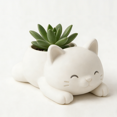 ModernMart Cute Lying Cat Succulent Planter Pot For Home Decor white