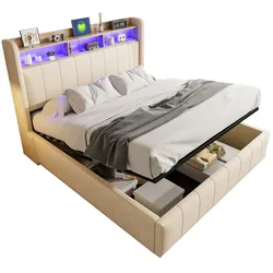 Polsterbett 160x200 mit LED-Beleuchtung und Stauraum – Elegantes Design mit hydraulischem Bettkasten und Lagermöglichkeiten, Beige