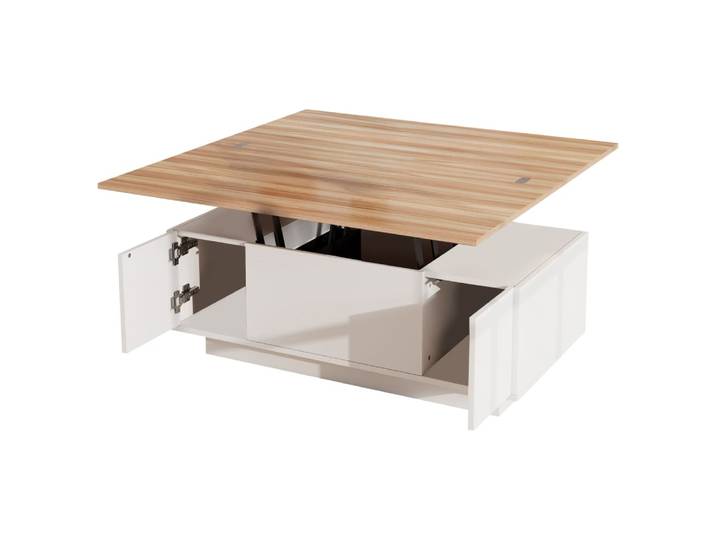 Table basse avec 2 plateaux relevables, rangement, blanche, 100 cm