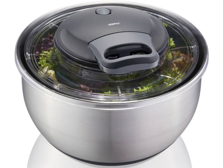 Salatschleuder GEFU PULLIT , silber (silber, transparent), H:18,5cm Ø:25cm, Edelstahl, Kunststoff, Salatschleudern, Salatschleuder, schonendes Schleudern ohne Richtungswechsel, 4,5 L