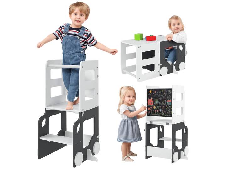 ComfortXL Lernturm De-17248 4-in-1 mit doppelseitiger Tafel & Autodesign Grau, Weiß, 46x92x58 cm, Spielzeug, Sonstiges Spielzeug