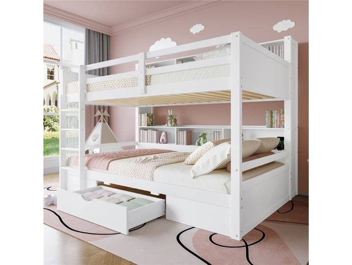 Lit superposé 90x200 blanc tiroirs intégrés + casiers rangement literie 2 couchages chambre partagée adulte sans matelas