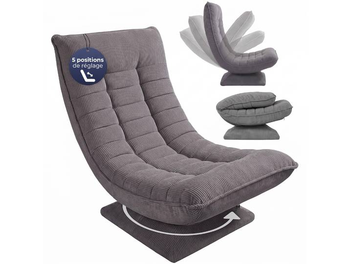 CASARIA Fauteuil tout confort pivotant 360 degrés velours côtelé gris