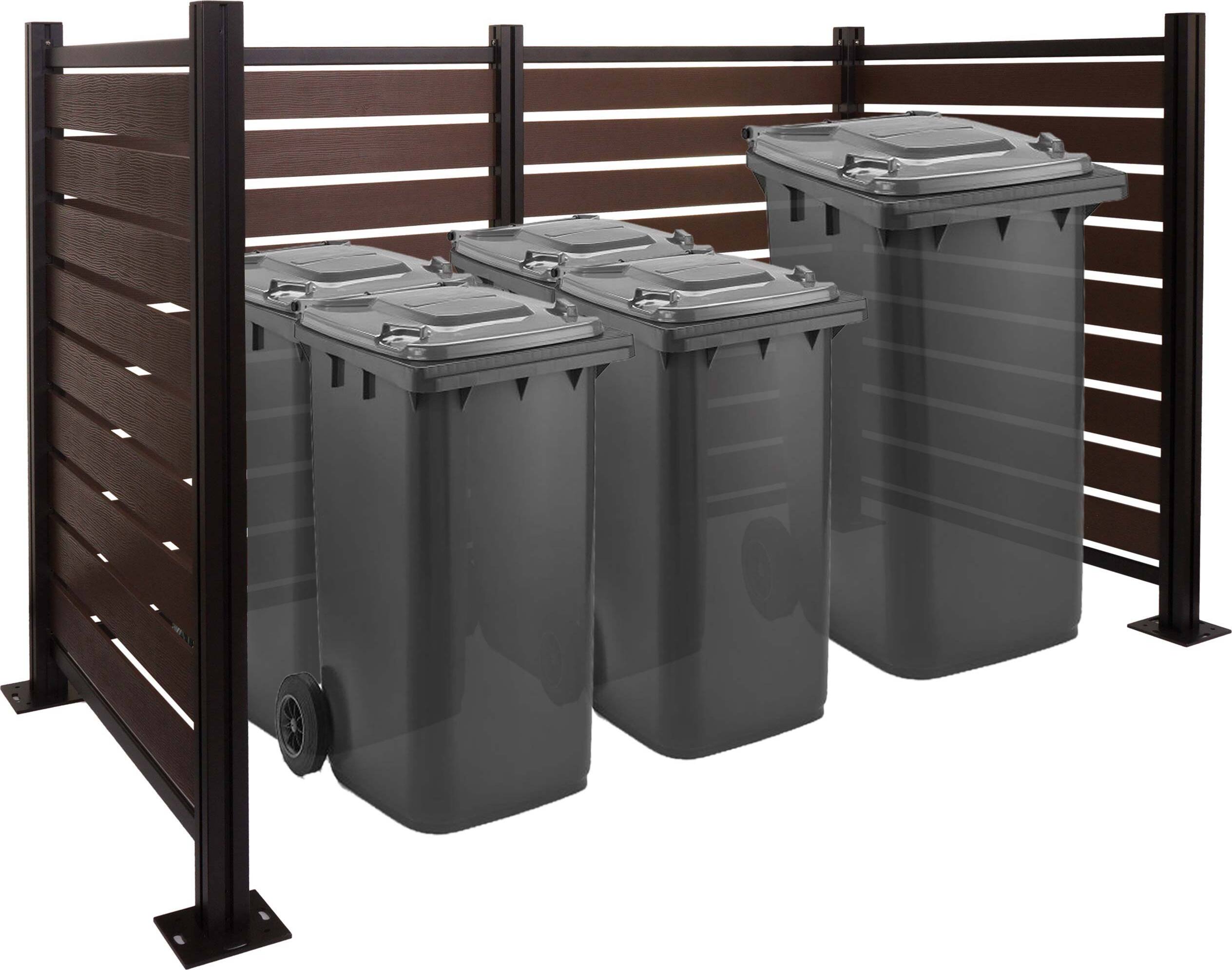 Alu Mülltonnen-Zaun HWC-K57, Mülltonnenverkleidung, Holzoptik erweiterbar 130x206x110cm braun