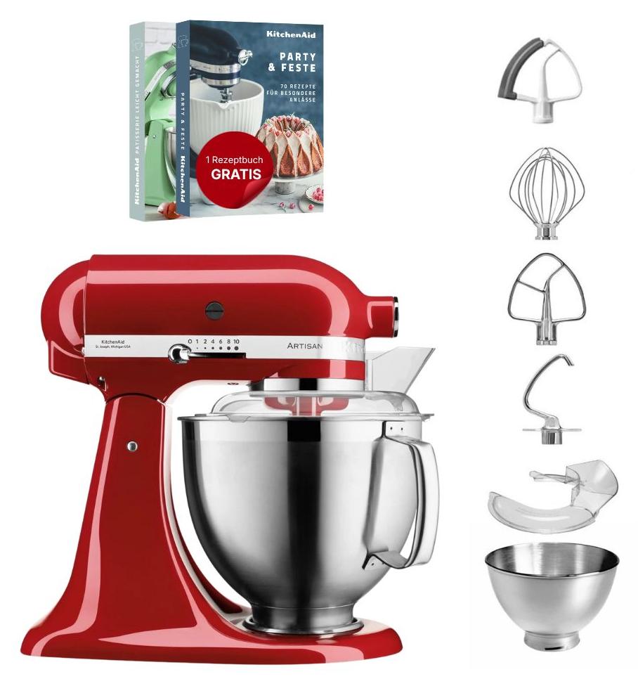KitchenAid 4,8 L 5KSM185 Artisan Küchenmaschine Set 1 Artisan + Flexirührer Empire Rot