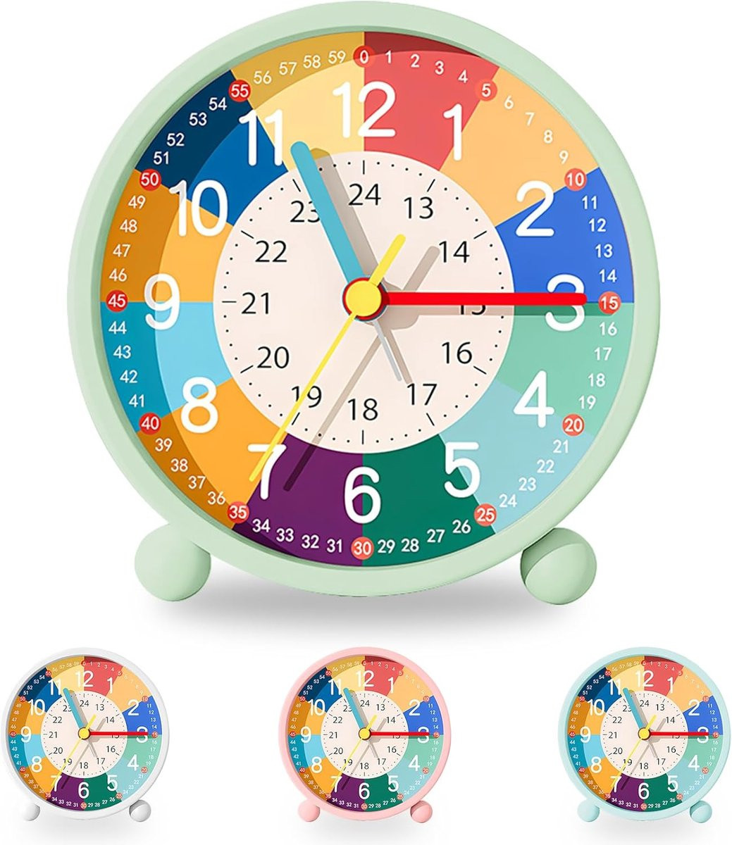 Analoog kinderwekker met nachtlampje en zachte alarmtoon, multicolor