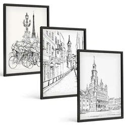 BILDER SET 3er Set - 40x60 cm Schwarzer Rahmen - Einfache Zeichnungen von Stadtlandschaften