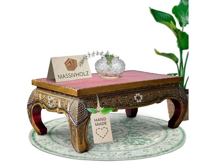 livasia Opiumtisch aus Massivholz – 100x60x45cm – Handgeschnitzter Beistelltisch Holz aus Thailand, Elegant & Detailverliebt, asiatische Kunst mit Glasmosaik