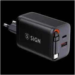 SIGN GaN Fast Charger USB-C/USB-A 65W with extendable USB-C cable - Black (65 W), USB Ladegerät, Schwarz