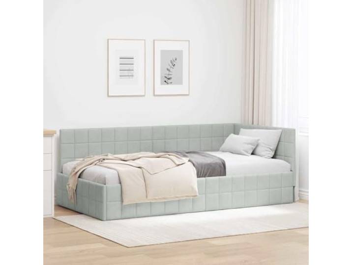 YUOTYRKTEJRSG Platzsparendes Eckdesign Samt 90x190 cm Hellgrau Eckbettgestell mit Kopfteil Hellgrau 90x190 cm Samt L-Form Schlafzimmer Polsterbett Gästezimmer Bettrahmen mit Lattenrost