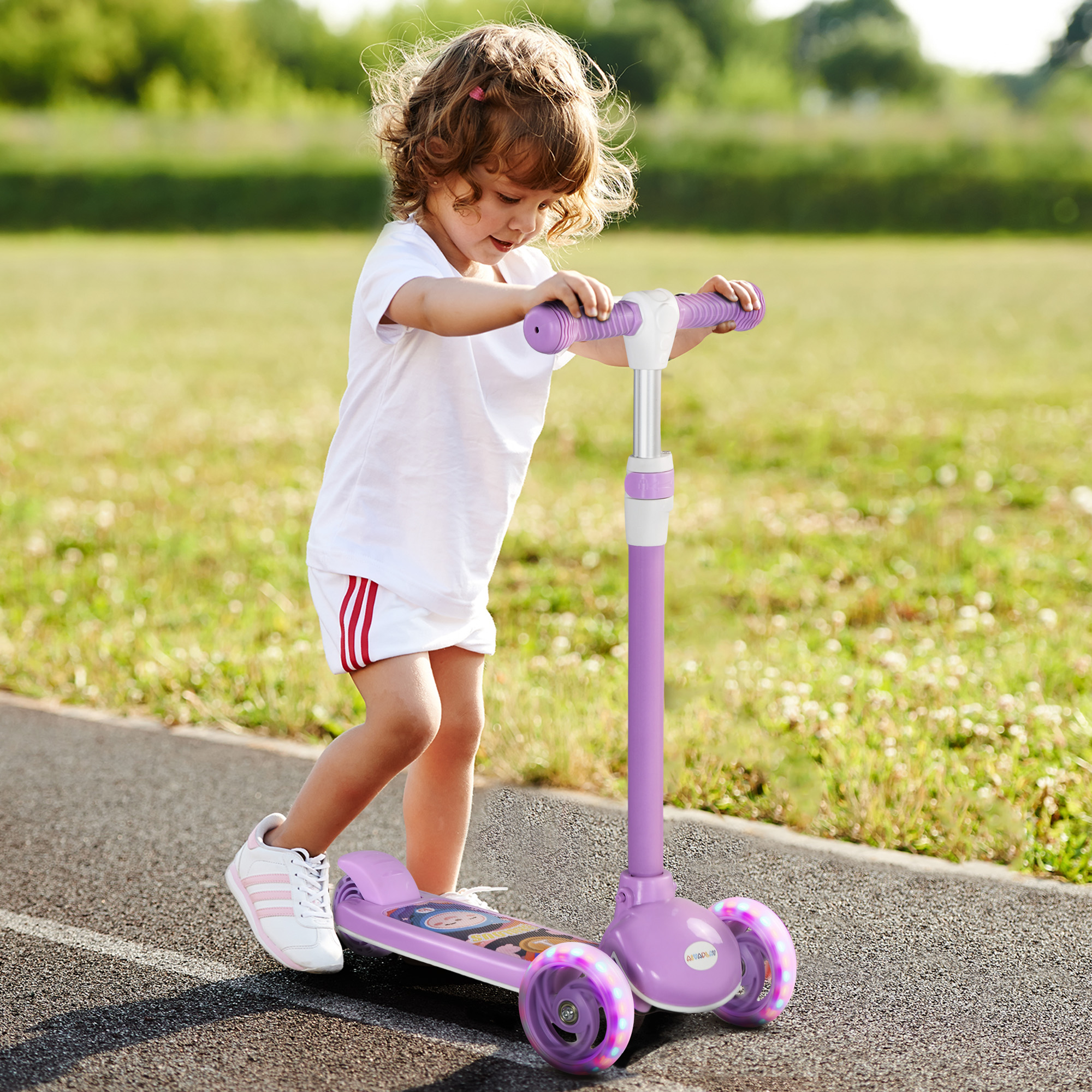 Aiyaplay Monopattino Bambini con Ruote LED, Guida Morbida, Manubrio Regolabile, Lilla   Aosom Italy
