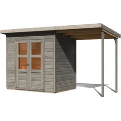 Karibu Eco Gartenhaus Merseburg 3 inkl. Anbaudach - Sparset vorvergraut (naturgrau)