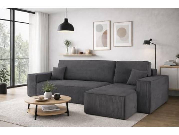 Kaiser Möbel, Ecksofa mit schlaffunktion, mit Bettkasten, Schlafsofa Best, Designer Sofa, Modern Design Couch, Polsterecke, Freistehend, Dicker Cord, Dunkelgrau Rechts