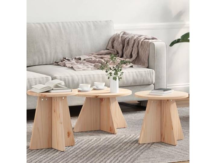 HEFZGDB Rustikaler Couchtisch aus Massivkiefer 3 Stück Rund 49 x 49 x 30 cm für Wohnzimmer, Natürliche Holzmaserung, Einfache Montage, Robustes Möbelstück für Gemütliche Atmosphäre