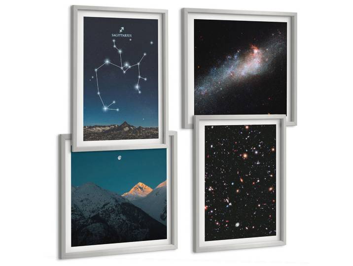BILDER SET 4er Set - 50x50 cm & 40x60 cm Silberner Rahmen - Galaxien, Sternbilder, Weltraum, Schütze