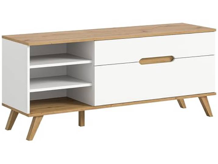 xonox.home Wohnzimmer Stockholm Lowboard TV-Board Wohnzimmerboard TV-Schrank Stauraumschrank in weiß Absetzung Nox Oak, ca.140x60x40 cm