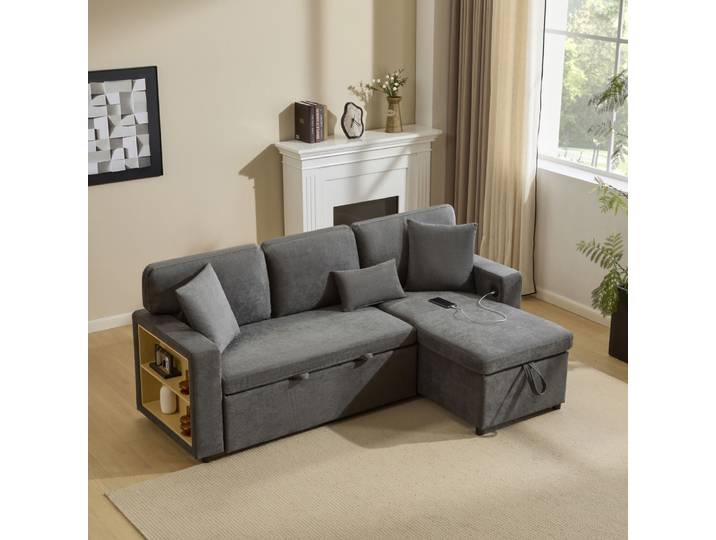 Canapé-lit d'angle moderne en forme de L convertible – Canapé multifonctionnel avec étagères de rangement, canapé rembourré, meubles de lit pour invités