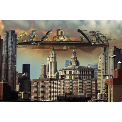 Fototapete PAPERMOON "Raumschiff über Stadt", bunt, B:3m L:2,23m, Vlies, Tapeten