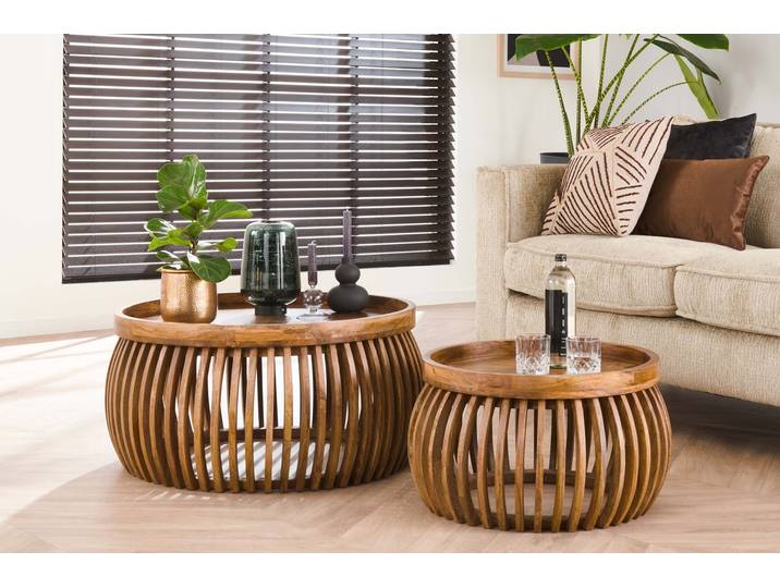 Couchtisch Khamar - 2er Set aus Mangoholz mit bauchigem Sockel - Sandfarben - Luxusbetten24