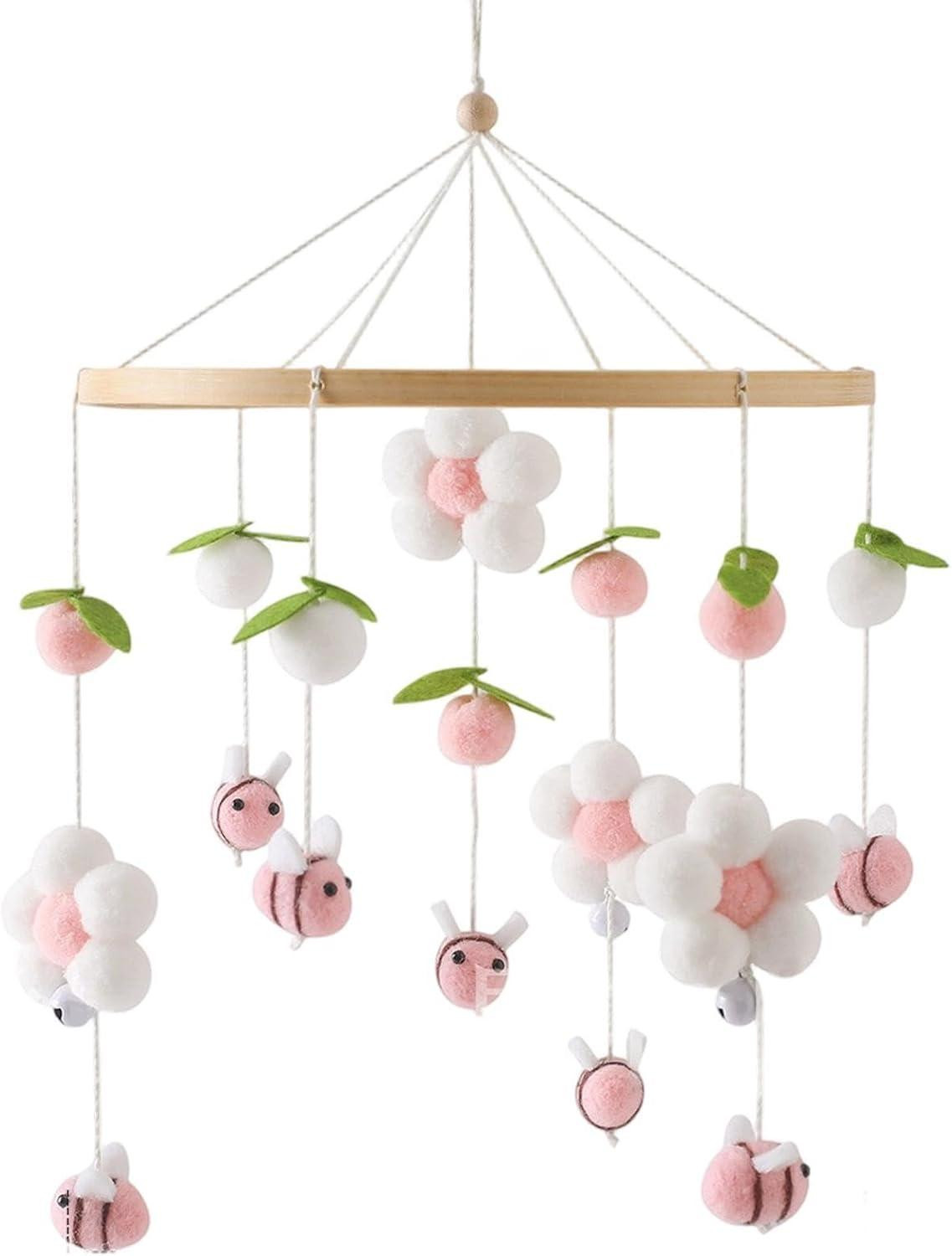 Houten wiegmobiel met pompons, bloemen en bijen voor baby's