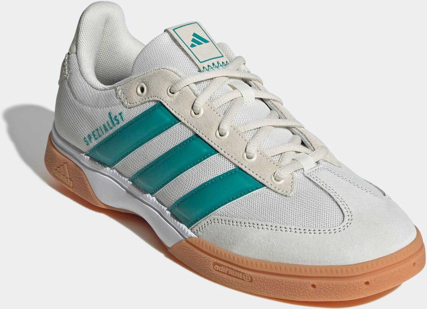 Hallenschuh ADIDAS PERFORMANCE "SPEZIALIST INDOOR", Herren, Gr. 46, weiß (sanftes weiß, pure teal, cloud weiß), Synthetik, Textil, Schuhe Hallenschuh, geeignet für jeden Hallensport