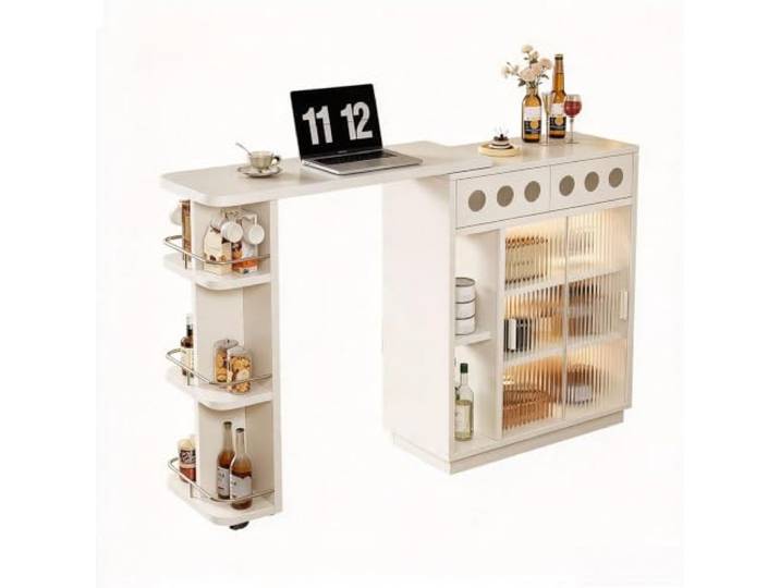 Vintage Ausziehbarer Bartisch Sideboard Insel Kombi für Kleine Wohnung Konsolenschrank Raumteiler mit Stauraum für Wohnzimmer Sofaseite Wandnah(White)
