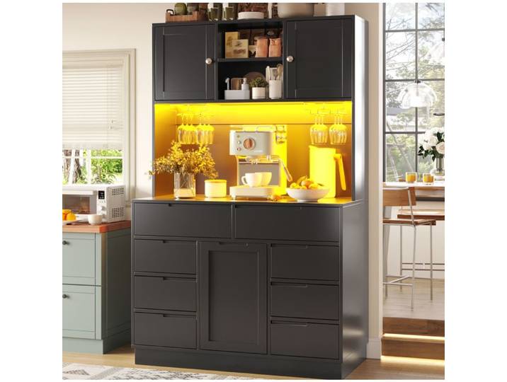 Colonne de Cuisine avec 8 Tiroirs Étagères Réglables et LED - pour Cuisine - en MDF - 120×40×183 5 cm - Noir