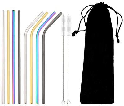Inspired Living Rainbow Reusable Metal Straws Set With Cleaning Brush Premium Stainless Steel Drinking Straws For Cocktails, Smoothies 11pcs Mix